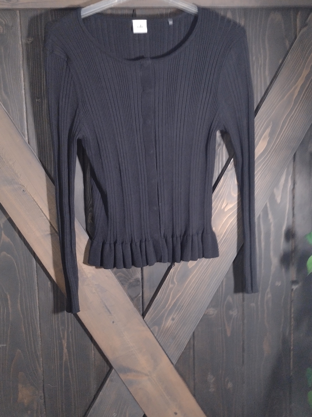 Cabi Black Ribbed Long-Sleeve Peplum Top - Women's Size Large Snaps
